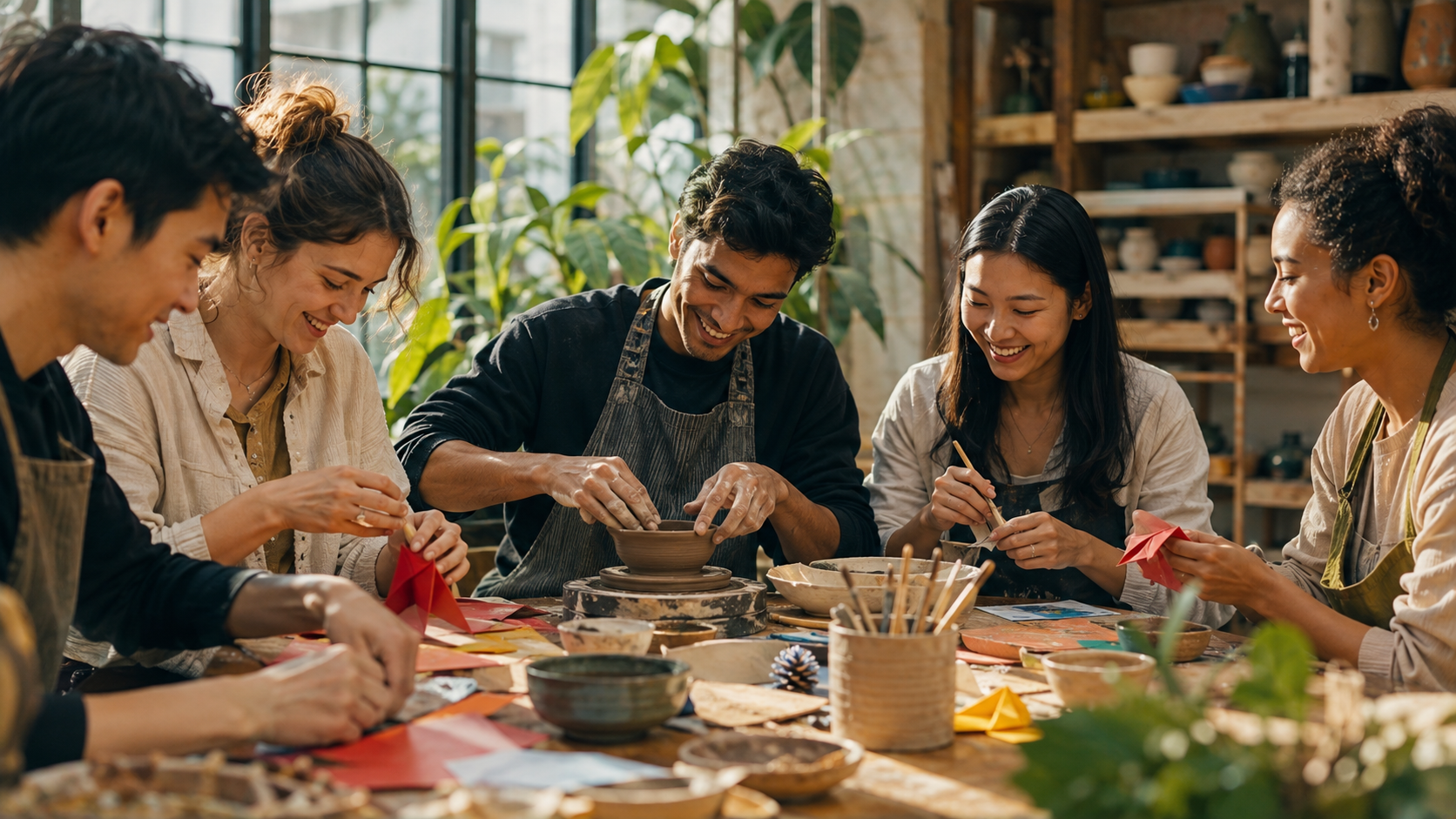AI illustration of people exploring clay and paper craft.